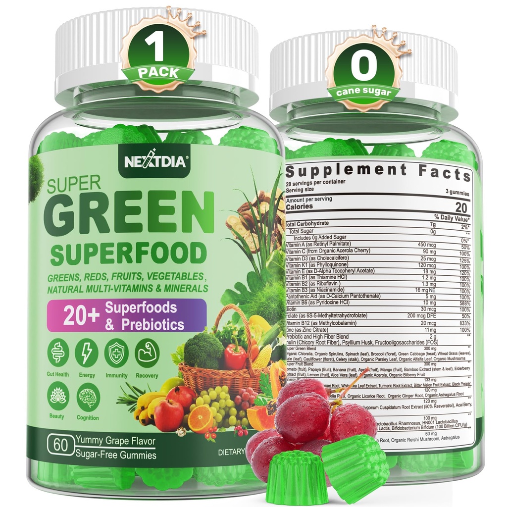 Super Greens Gummis, Greens Superfood Powder Alternative w/Spirulina, Chlorella, Prebiotic Fiber, Probiotic, Fruit Veggie, Daily Greens Gemüse für Verdauungs- & Gut Gesundheit, Immunität, Fokus, 60 Cts