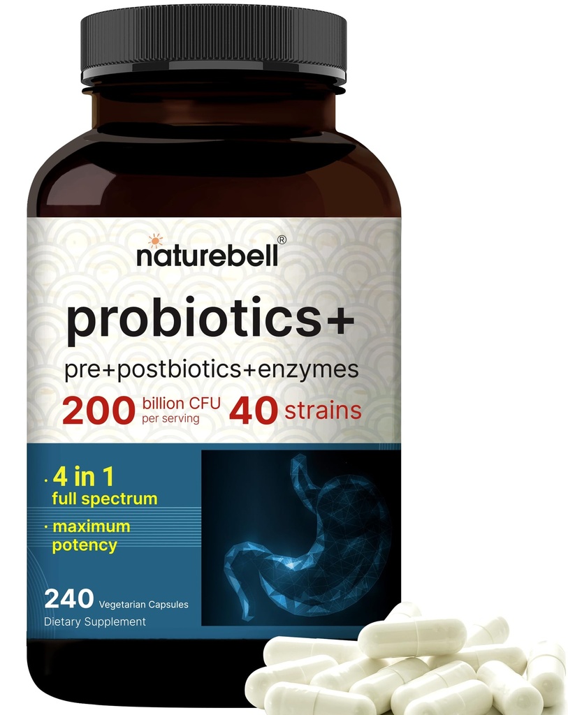 Probiotici 200 miliardi di CFU – 40 Strains Per Serving | 240 capsule di verdure con prebiotici e probiotici per la salute digestiva – Gut Health & Bloating Support | Probiotici giornalieri per le donne e gli uomini