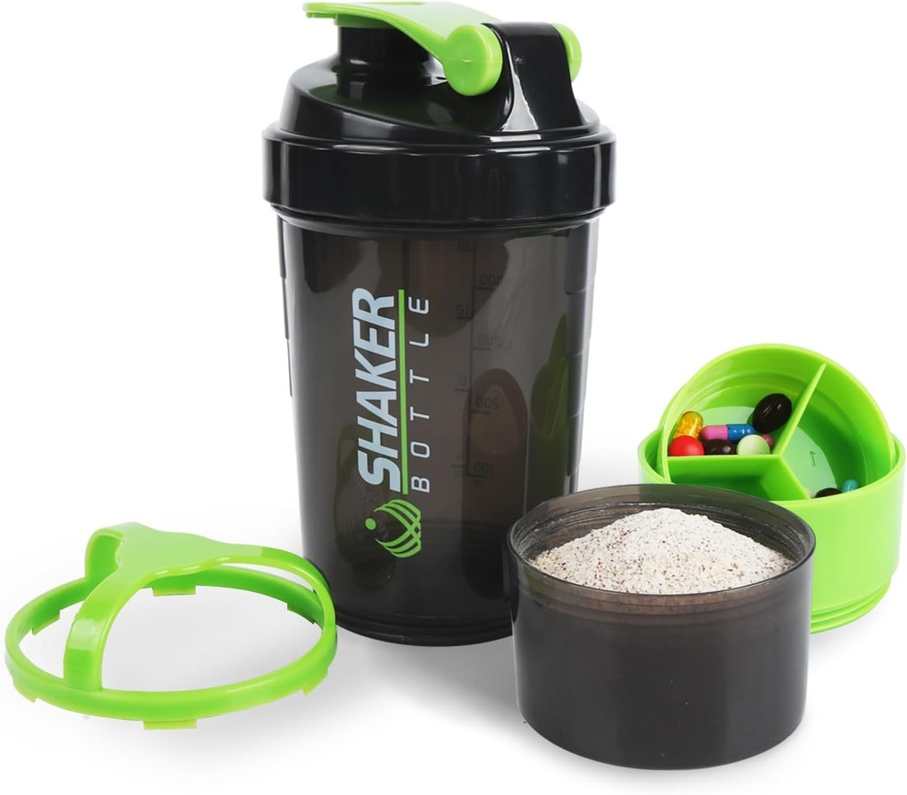 Shaker Bottle - Protein Shaker Cup mit Storage Compartments - Leak-proof Workout Shake Bottles mit Mixer für glatte Mischung-500ML/16oz (GREEN & BLACK)