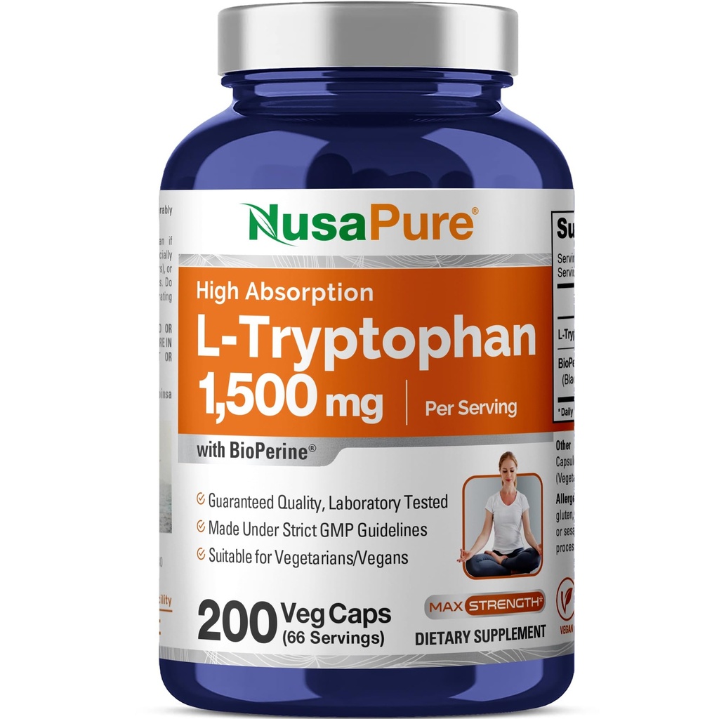 NusaPure L-Tryptophan 1500mg 200 Vegetarische Caps (Non-GMO, Vegan) Bioperine