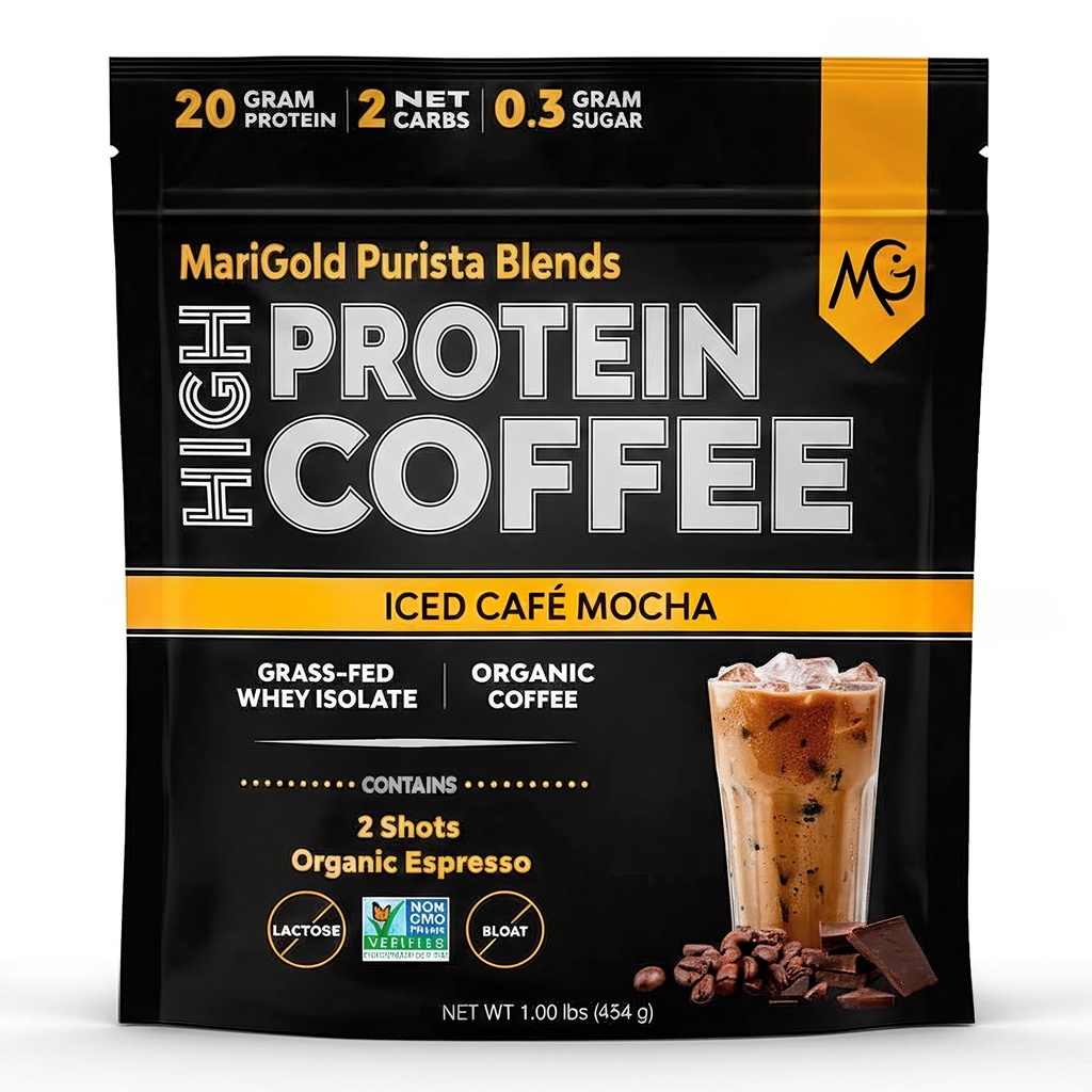 MariGold High Protein Coffee - Iced Café Mocha, 20g Gras Fed Whey Protein Isolate, Energy & Workout Boost, 2 Schüsse Bio Espresso, Non-GMO, 2 Net Carb, 1 Lb Bag, 15 Servierungen