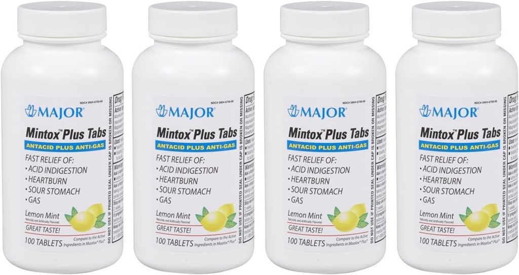 MAJOR Mintox Plus Tabs - Antacid Plus Anti-Gas compresse - Aiuta a alleviare rapidamente l'indigestione acida, bruciore di stomaco, stomaco acidulo, e gas - Limone Mint aromaed - 100 Conte (4 Confezione)