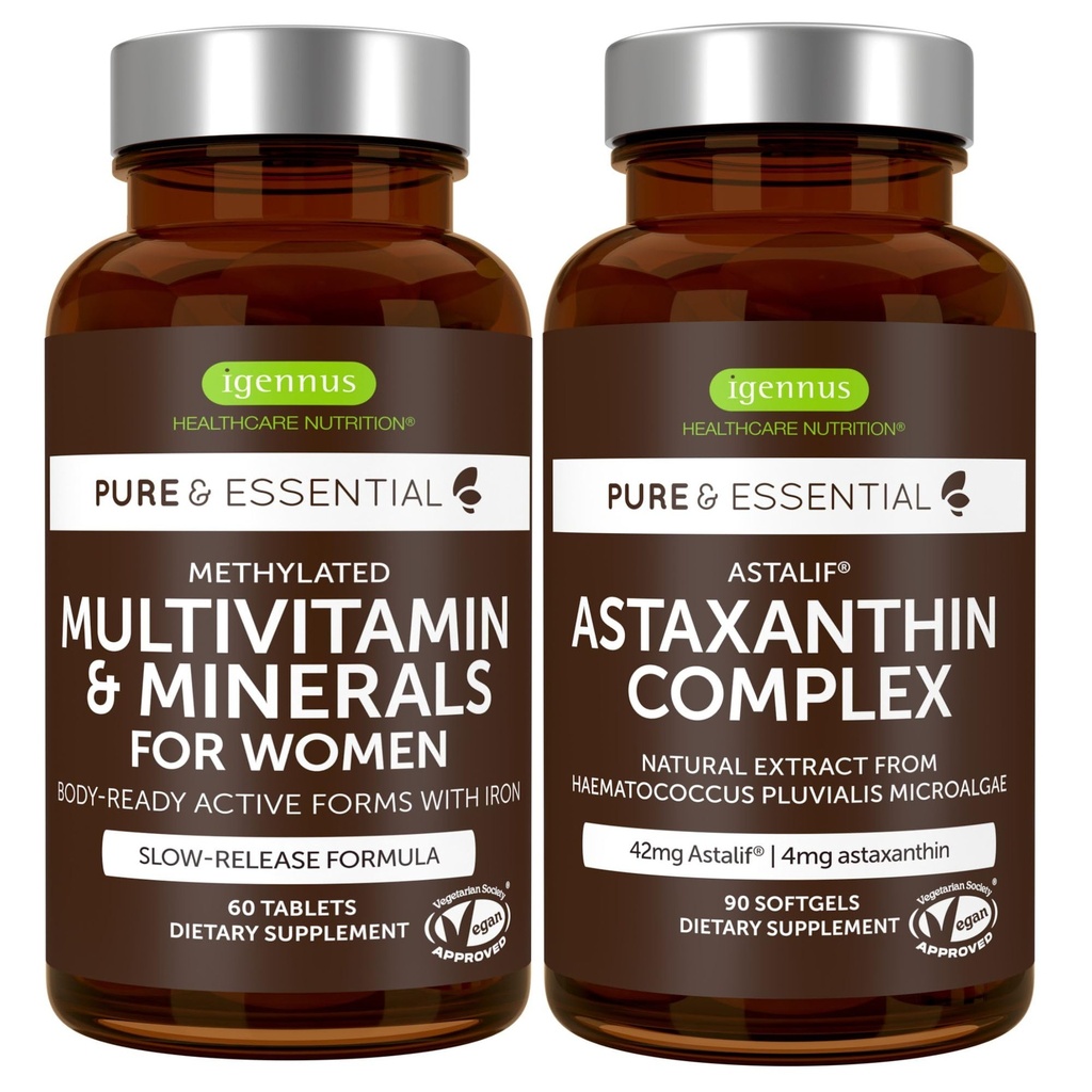 Multivitamin & Minerals für Frauen + Astaxanthin Complex Vegan Bundle, Sustained Release Advanced Multivitamin mit Eisen + Natural 4 mg H. Pluvialis Astaxanthin, von Igennus