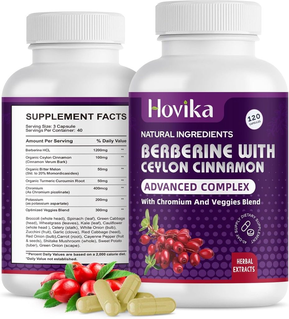 Berberine HCL Kapseln 1200 mg - Berberine Ergänzung mit Ceylon Cinnamon, Chrom, Veggies Blend - Unterstützt Stoffwechsel und Immunsystem, Gut Health - 120 ct Einfach zu schlucken Vegan Pillen
