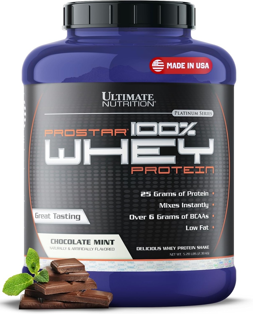 Ultimate Nutrition Prostar Whey Protein Powder Isolate, Gourmet Chocolate Mint - Carburo basso, Shake ad alta polvere proteica per guadagno muscolare & Recupero - Basso Sodio, Low-Fat & Keto Friendly - 5.28 lbs Tub