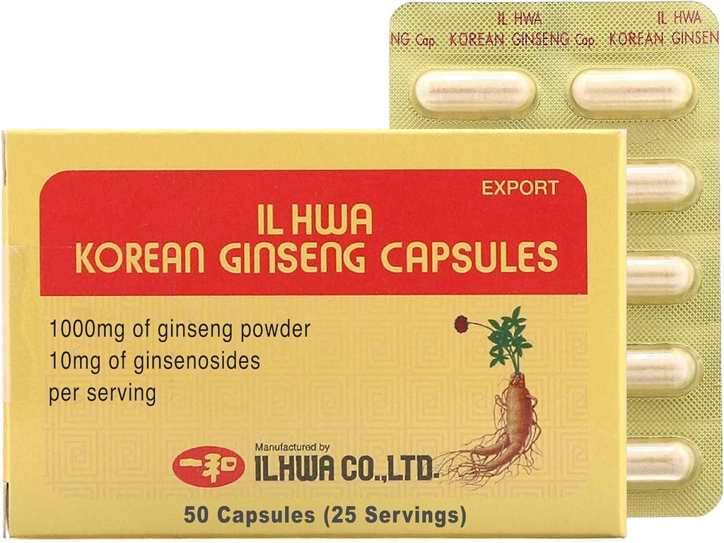 ILHWA Korean Ginseng Capsule (500 mg*50 Capsule, 25 Serve) - 250mg di 100% Pure Korean Panax Root Powder. Ginsenoside 10 mg per Serving.