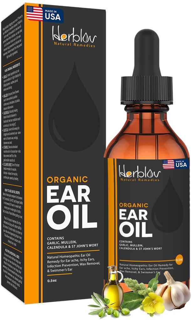 Organic Ear Oil for Ear Infections - Natural Eardrops for Infection Prevention, Swimmer's Ear & Wax Removal - Kids, Adults, Baby, Dog Earache Remedy - with Mullein, Garlic, Calendula, Made in USA
