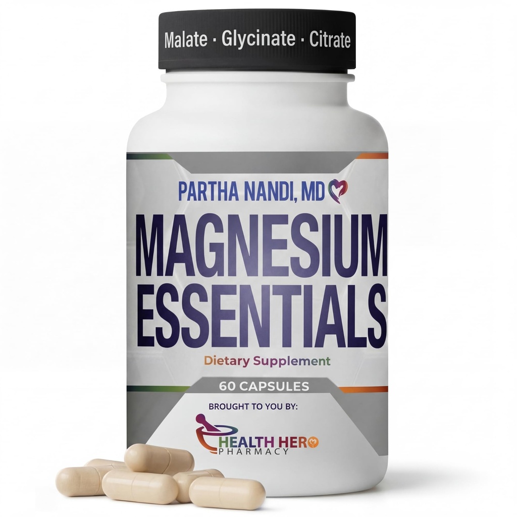 Dr. Nandi's Triple Magnesium Complex Supplement – Magnesium Citrat, Malate & Glycinate – unterstützt Schlaf, Stress, Muskel, Nerven- und Herzgesundheit – Hohe Absorptionsformel – 235MG – 60 Kapseln
