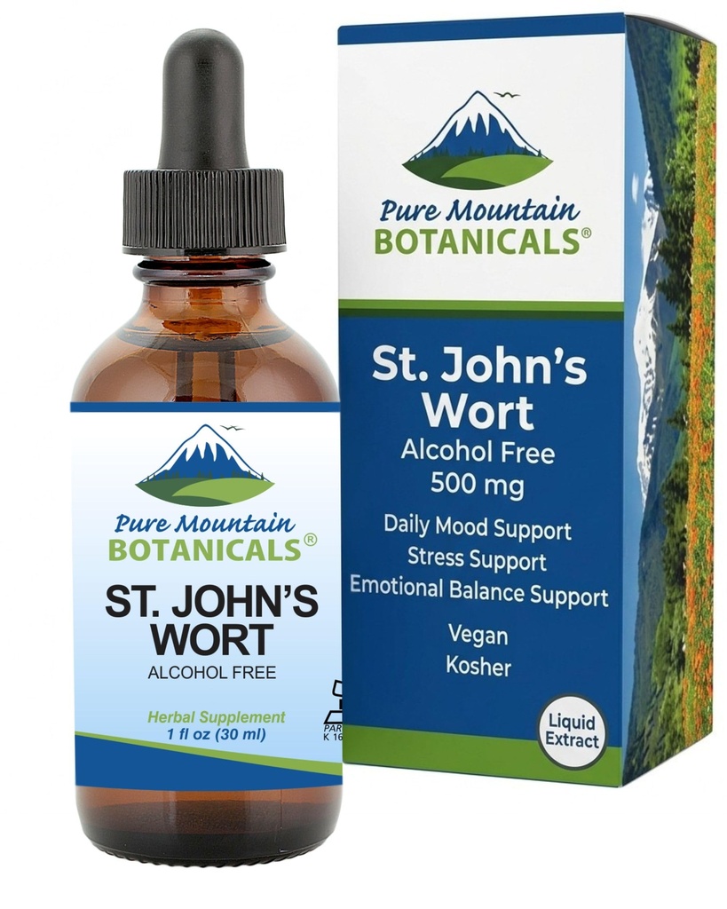 Pure Mountain Botanicals St Johns Wort Tincture – Kosher Liquid St. John’s Wort Alcohol-Free Extract 500mg Vegan Supplemento