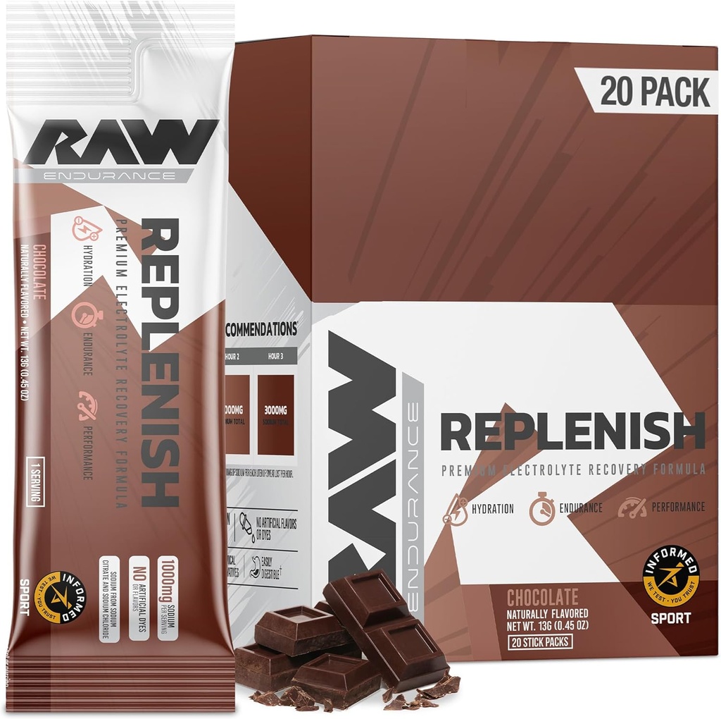RAW Replenish Packets, Premium Electrolytes Powder Recovery Formula, Chocolate (20 Stick Packs) - Miscelatore per bevande elettrolitiche aromatizzate per l'idratazione, il rifornimento, la resistenza e le prestazioni