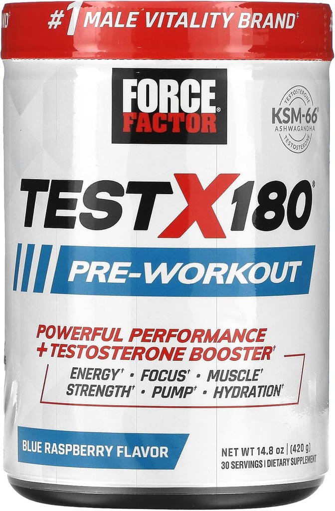 FORCE FACTOR Test X180 Pre-Workout Powder & Energy Supplement, Boost Focus & Endurance, Build Muscle & Strength, Nitric Oxide Supplement with Ashwagandaha & L-Citrulline, Blue Raspberry, 30 Servings