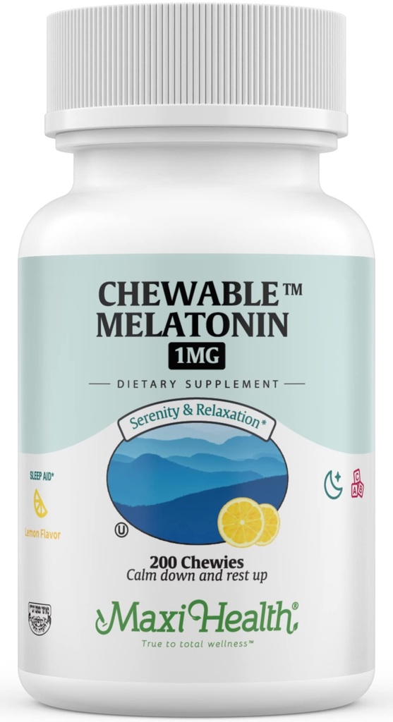 Maxi Health Chewable Melatonin, Kosher Lemon Flavor, Melatonin für Erwachsene & Kinder, Natürliche Hilfe für Erwachsene & Kinder, Melatonin Chewables Alternative zu Melatonin Gummies Kids Dose, (200 Count)