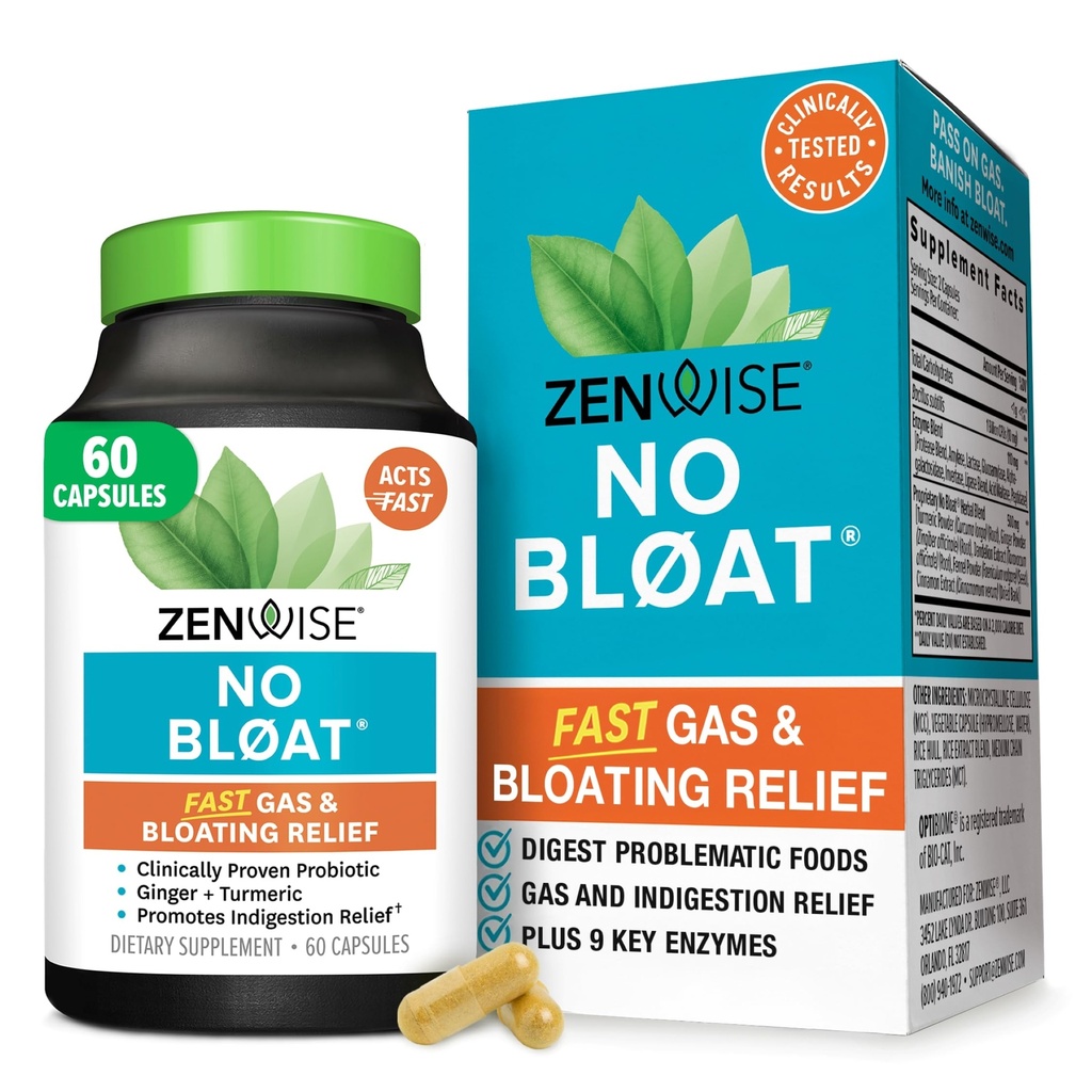 Zenwise Health No Bloat Digestive Enzyme for Gut Health, Gas & Bloating Relief - Multi Enzymes Digestion Supplement mit Probiotics, Ginger, Turmeric Dandelion & Lactase - Men & Women - 60 Count