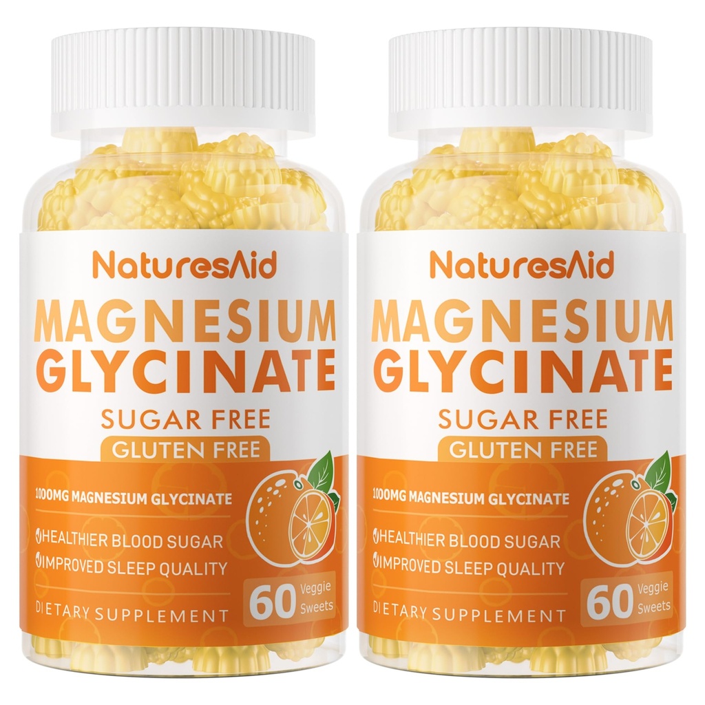 Magnesio Glycinate Gummies 1000mg - Zucchero Gratuito Magnesio Potassium Supplemento con Vitamina D, B6, CoQ10 per Calma Mood & Sleep Support - 120 Orange Gummies -2 Pack