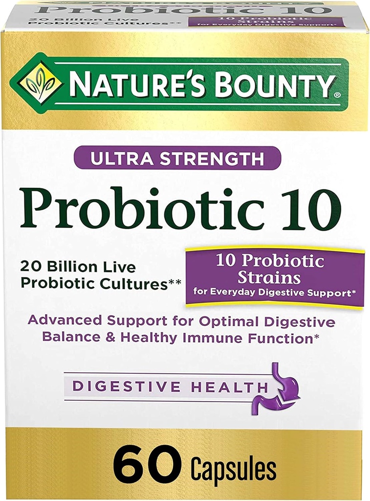 Probiotiques par Bounty de la nature, Probiotique Ultra Strength 10, Hygiène immunitaire et équilibre digestif, 60 capsules