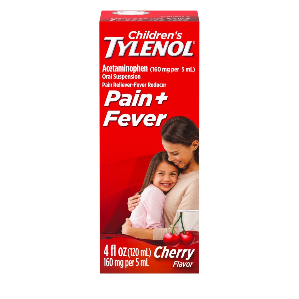 Medicina della sospensione orale liquida di Tylenol per bambini, Acetaminophen Pain Reliever & Fever Riduttore, Aspirina-, Ibuprofen- & Alcohol-Free, Cherry, 4 Fl. Oz