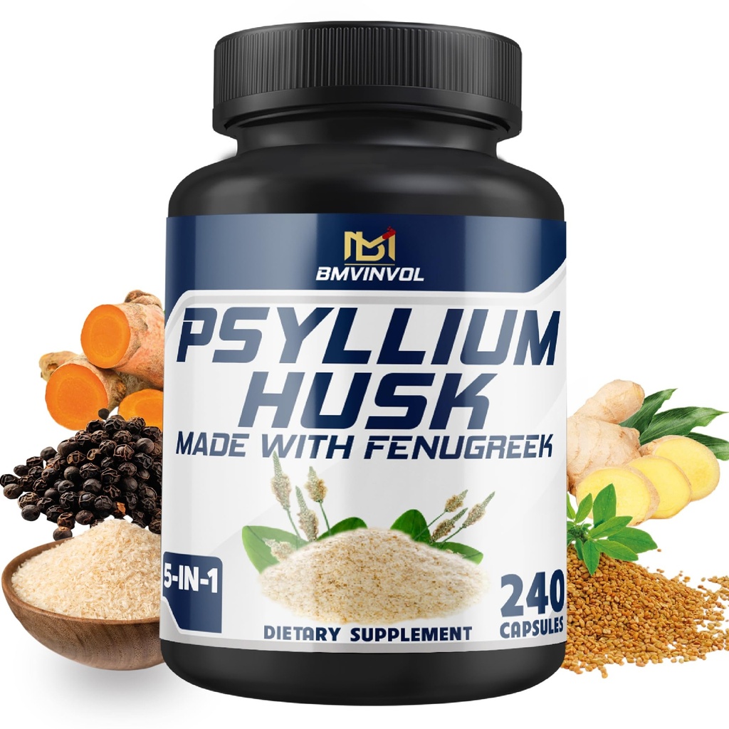 BMVINVOL Psyllium Husk Kapseln Fiber Supplement mit Fenugreek, Turmeric, Ginger, Black Pepper - Unterstützung Verdauungssystem, Darmgesundheit - 240 Zähler für 4 Monate Versorgung