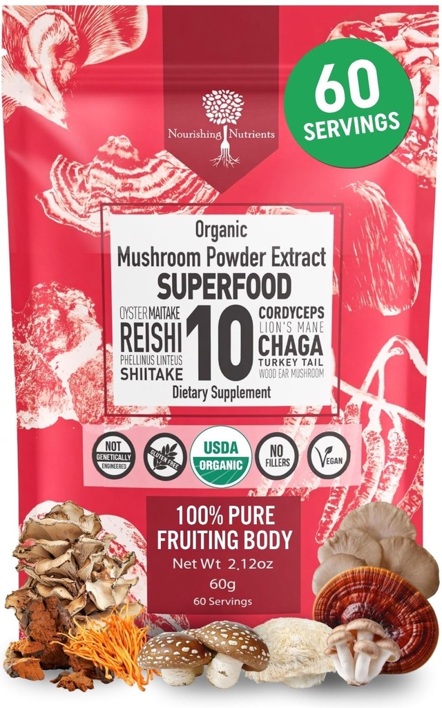 Estratto di polvere di funghi organici -Superfood 10 Supplemento 14x più forte 100% puro USDA Immunity Booster-Reishi, Chaga, Cordyceps, Shiitake, Lions Mane, Tail tacchino e altro ancora. Aggiungi al caffè / tè 60 grammi