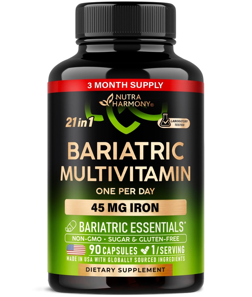 Bariatric Multivitamin - 45 mg Iron Supplements - Made in USA - for Women & Men - All-in-One, 21 Essential Vitamins - Gastric Sleeve Support - Free of Sugar, Gluten & Soy - 90 Capsules, Once Daily