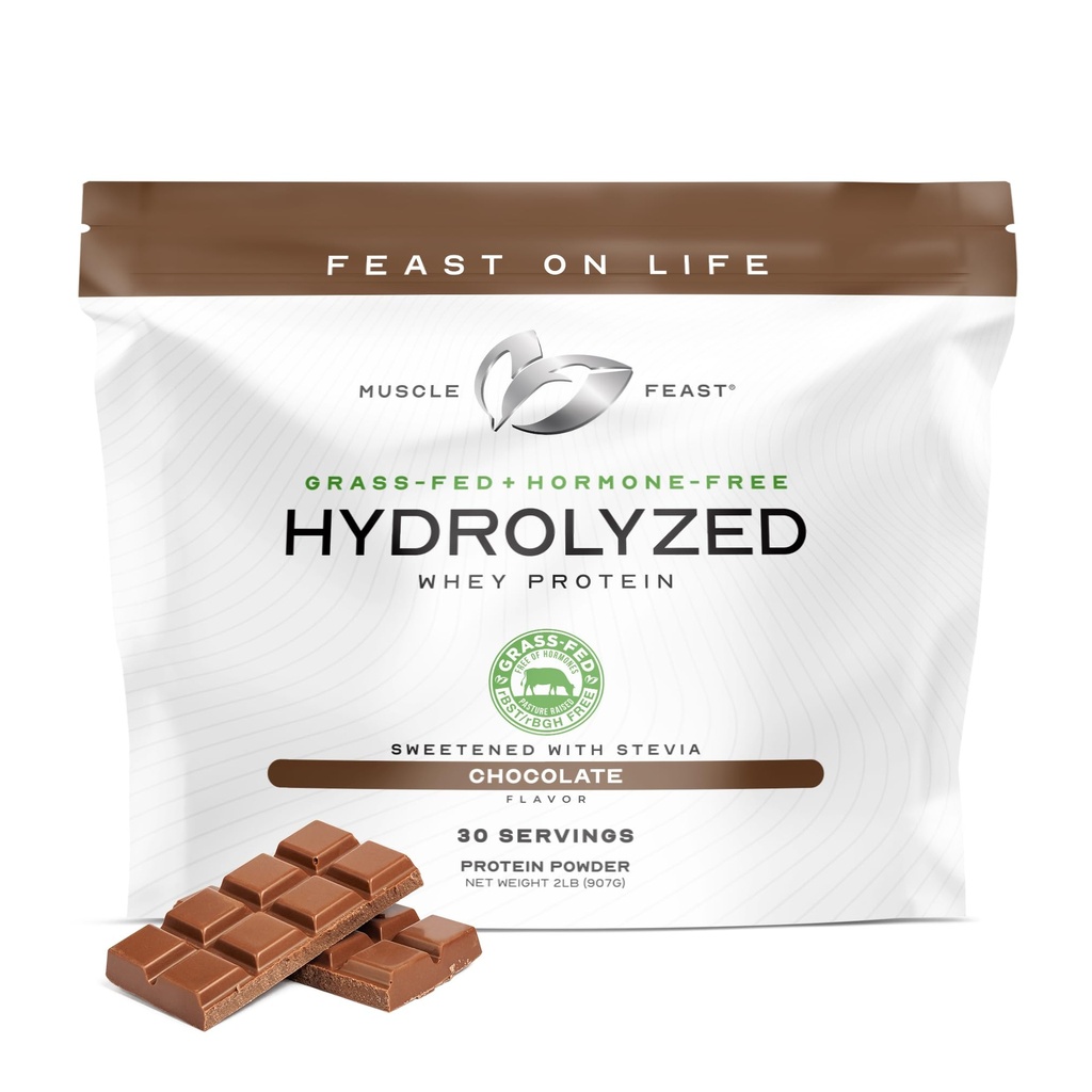 Fête musculaire Poudre hydrolysée de protéines de lactosérum, de la farine de graminée et de toute la poudre de lactosérum naturelle sans hormones pour les hommes et les femmes, sans gluten, sans OGM, délicieuse poudre hydrolysée de protéines, chocolat, 2lb