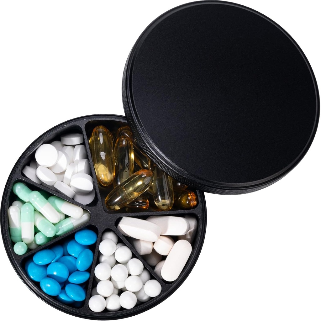Pill Organizer mit 6 Komponenten - Heavy Duty Metal Daily Pill Case, Große Säule Behälterhalter, Wasserdichte Medikamentenspender Pille Box für Vitamin Supplement Medizin Fischöle, 0.38lb, Schwarz