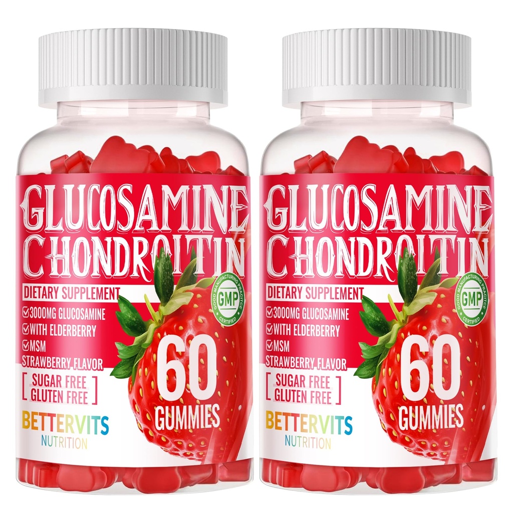 Glucosamin Chondroitin Gummi mit MSM & Elderberry Extra Strength - Joint Support, Antioxidant Immun Support Supplement für Erwachsene, Männer und Frauen. 120 Erdbeergummis