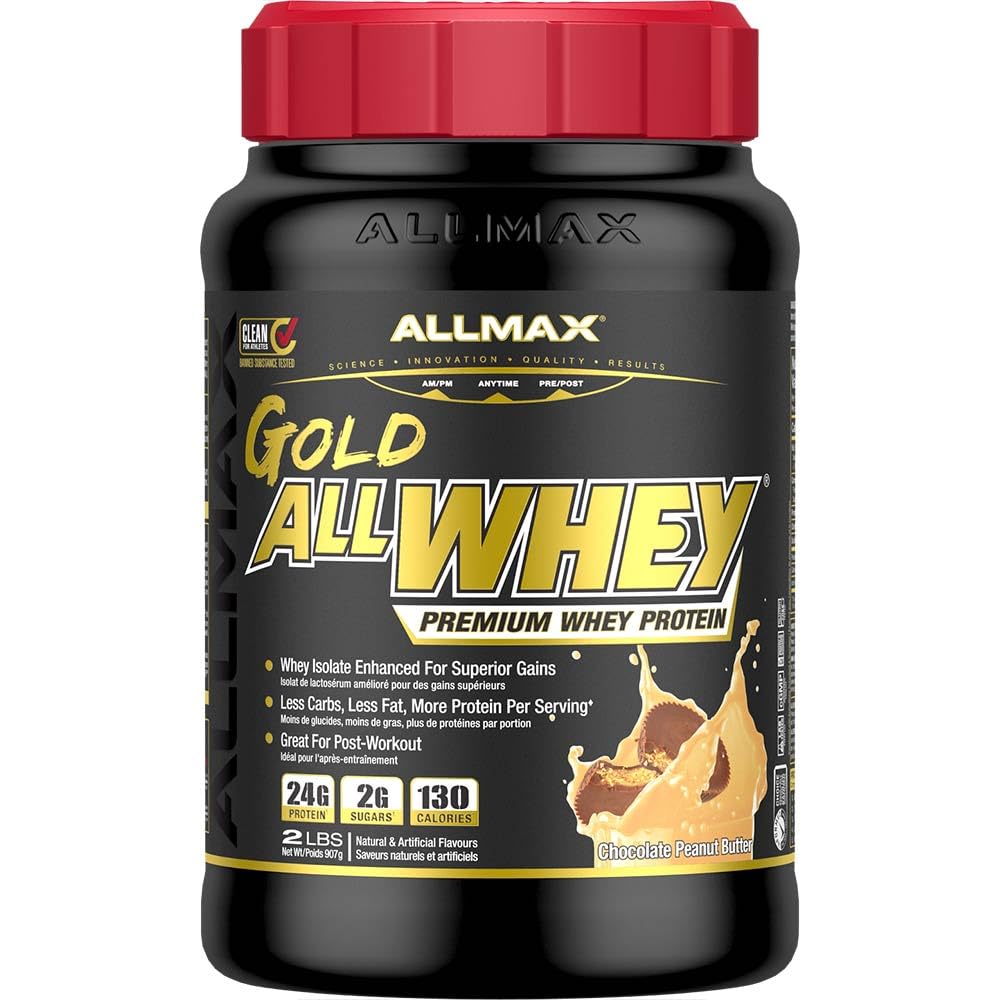 ALLMAX Nutrition Gold ALLWHEY, Chocolate Peanut Butter - 2 lb - 24 Grammi di Proteine Per Scoop - Gluten Free, Low Carb & Low Sugar - Circa 30 Serve