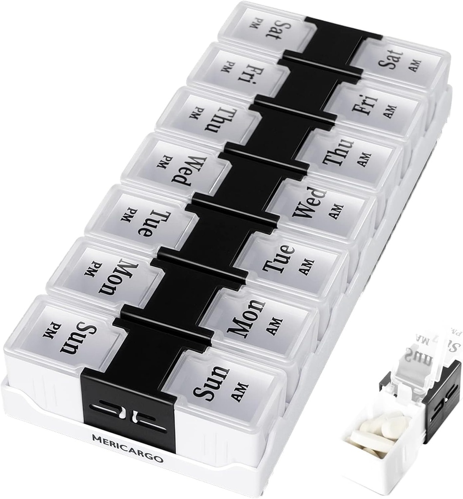 MERICARGO Weekly Pill Organizer 2 Mal am Tag, Einfache offene Reise Pille Box, Am Pm Pill Organizer 7 Tag für Medizin, Vitamine, Fischöle und Nahrungsergänzungsmittel