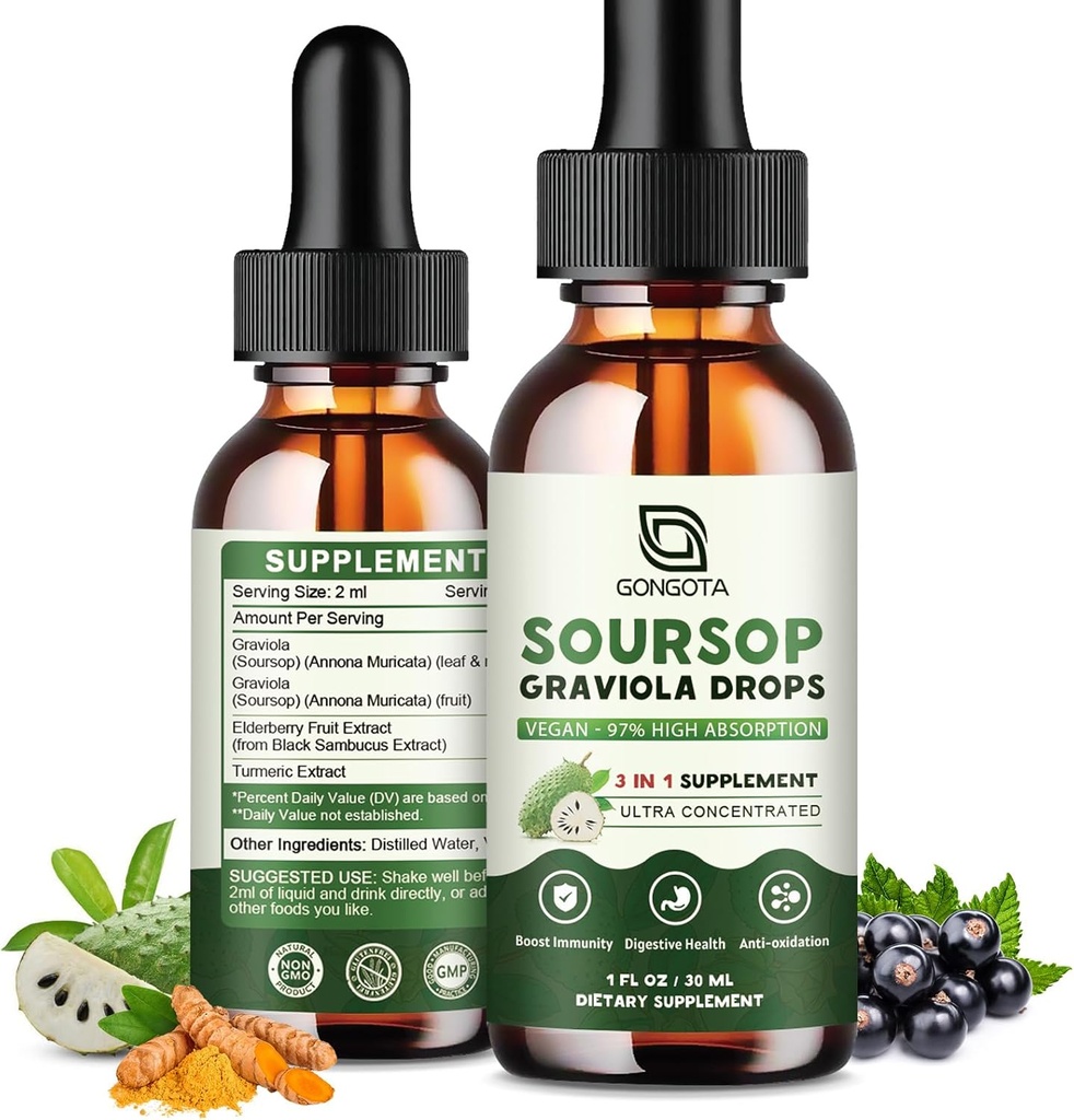 Soursop Graviola gouttes d'extrait de feuille pour le soutien cellulaire, antioxydant, foie, soutien digestif, Vegan Sourop gouttes, essence à base de plantes, sans sucre/sans gluten, saveur naturelle - 2 fl oz