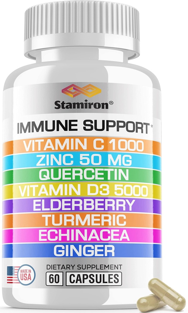 8 in 1 Supporto Immune con Quercetin Zinc 50mg Vitamina C 1000mg Vitamina D3 5000 IU e Echinacea Elderberry Ginger per adulti Bambini - VIT D Supplemento Veg Capsule