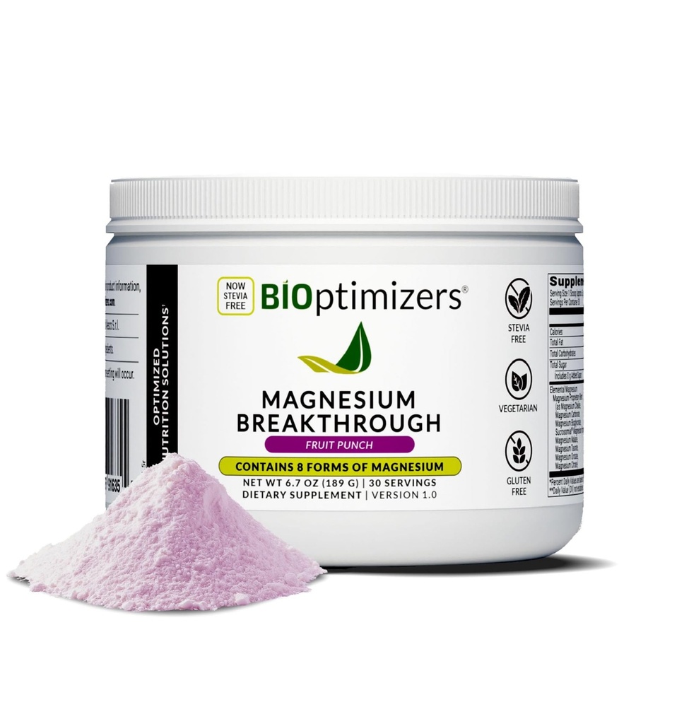 BIOptimizers Magnesium Breakthrough Drink - 8 Formen von Magnesium, Elektrolyten, Schlaf Gesundheit, Stress, Muskelrückgewinnung, Herzunterstützung | Glycinate, Citrate, Malate - Frucht-Punch