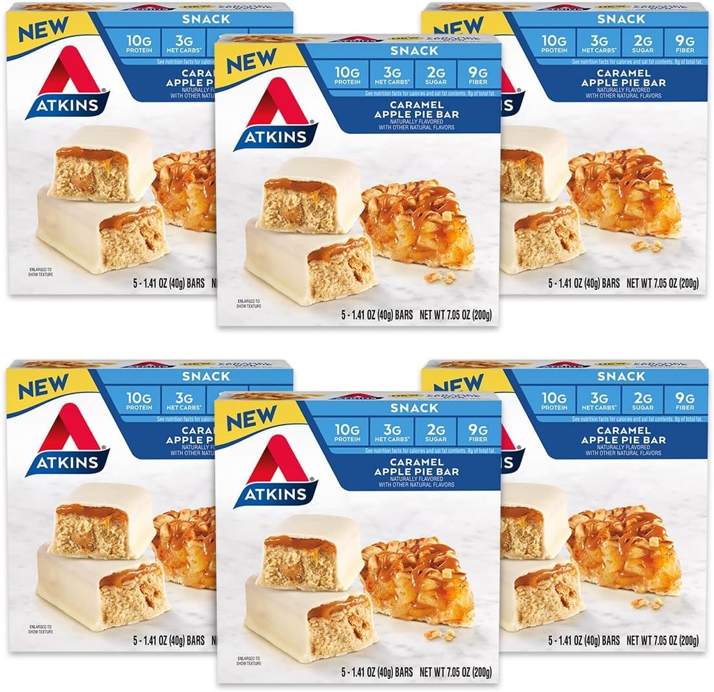 Atkins Snack Bar, Caramel Apple Pie, Aroma naturale, Buona Fonte di Proteine e Fibra, Carb basso, Basso Zucchero (30 Bar)