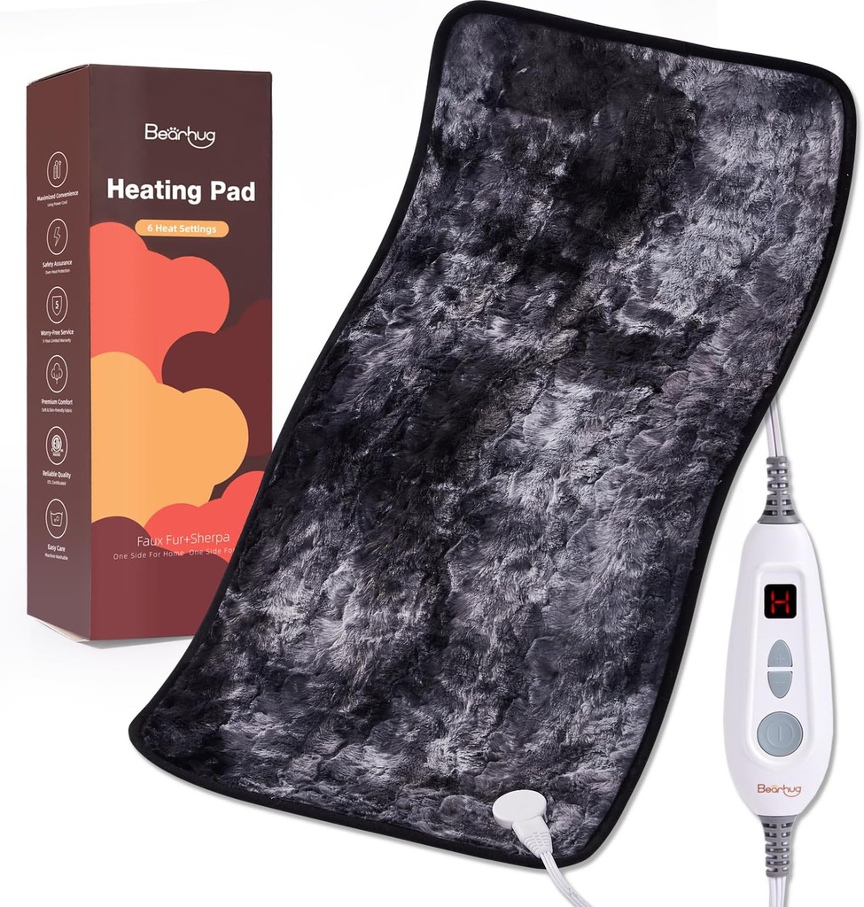 Bearhug XXL Elektrisches beheiztes Pad 17'''x33'''' Double-Sided Faux Fur Heizkissen, 6 Heat Levels, 2-Hour Auto-Off, Moist & Dry Heat Therapy für Rückenschmerzen Relief, maschinell waschbar, ETL Certified - Geschenkbox