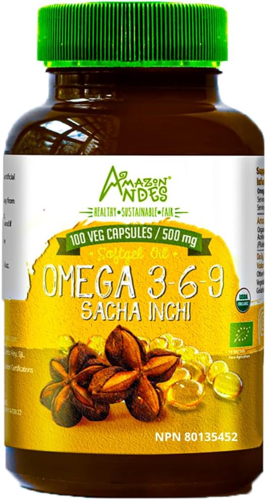 Andes Sacha Inchi Ölkapseln - Quelle von Omega 3, 6 und 9 - Gesundere Quelle von essentiellen Fettsäuren - Vegan, Non-GMO, Allergen-free & Gluten Free - 100 Softgel Pillen (500mg) - Made in Peru