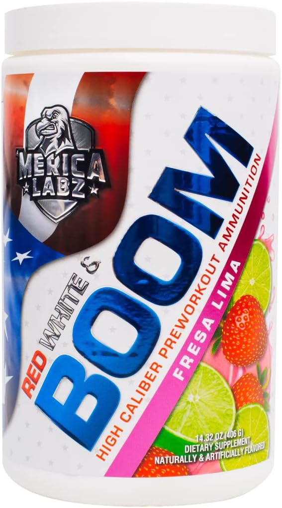 'Merica Labz Rosso, Bianco e Boom, Alta Caliber Pre Workout con VasoDrive-AP®, 350mg Caffeina, Max Energy, Pompa e Focus, Aumento del flusso sanguigno e del volume muscolare, 20 Serve (Fresa Lima)