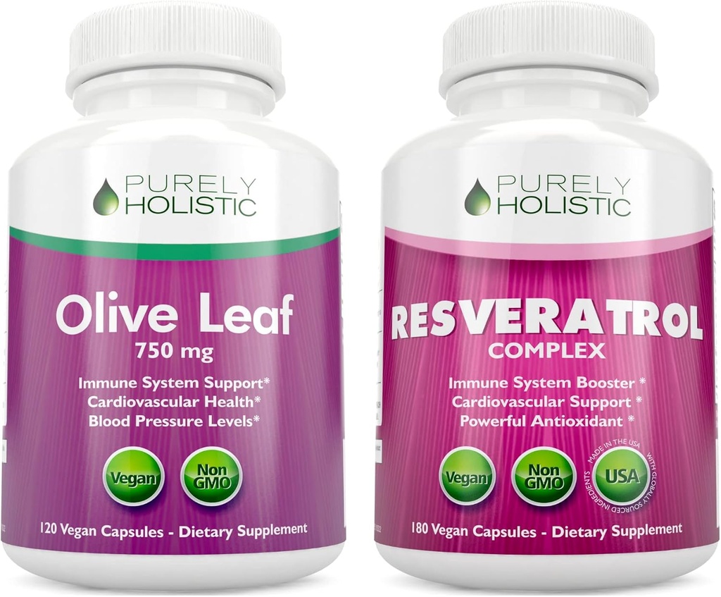 Rein ganzheitlicher Olivenblattextrakt 750mg + Resveratrol Complex 1450mg - 300 Vegan Kapseln - Made in USA
