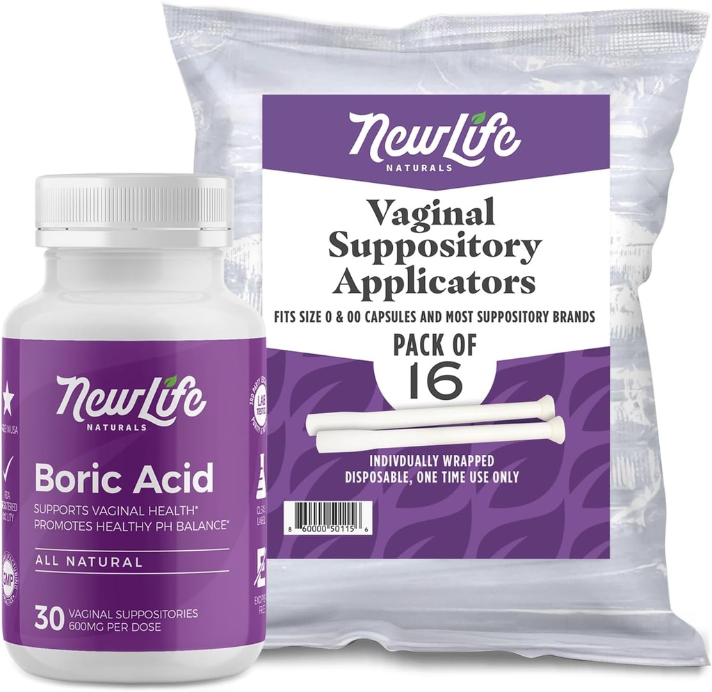 NewLife Naturals Boric Acid Vaginal Suppositories 600mg (30 Pack) con 16 Applicatori - per pH Balance, Salute Femminile e Benessere Intimo - Made in USA