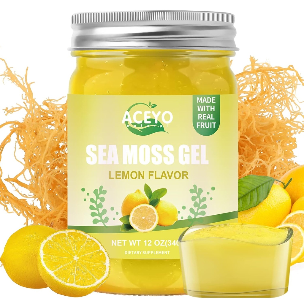 ACEYO (12 OZ) Irish Sea Moss Gel Organic Raw Vegan Lemon Flavor 102 Vitamine und Mineralien Wild Harvested Non-GMO Immune Defense Booster Schilddrüse Verdauungsunterstützung