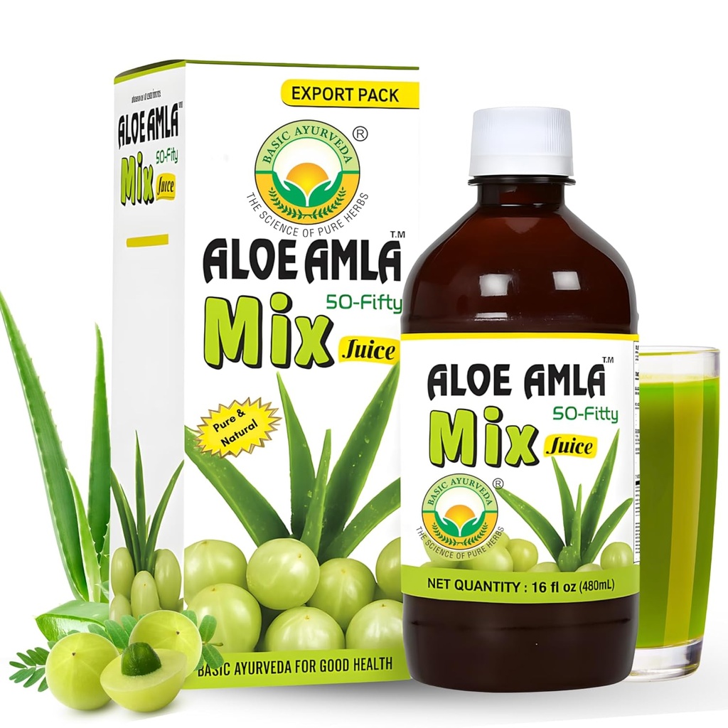 Acero di base Ayurveda + Succo di Aloe Vera – 16.23 Fl Oz (480ml) | Miscela di erbe 50-Fifty per l'immunità, la digestione e la salute della pelle | Amla & Aloe Blend | 100% naturale | Tonico ayurvedico giornaliero