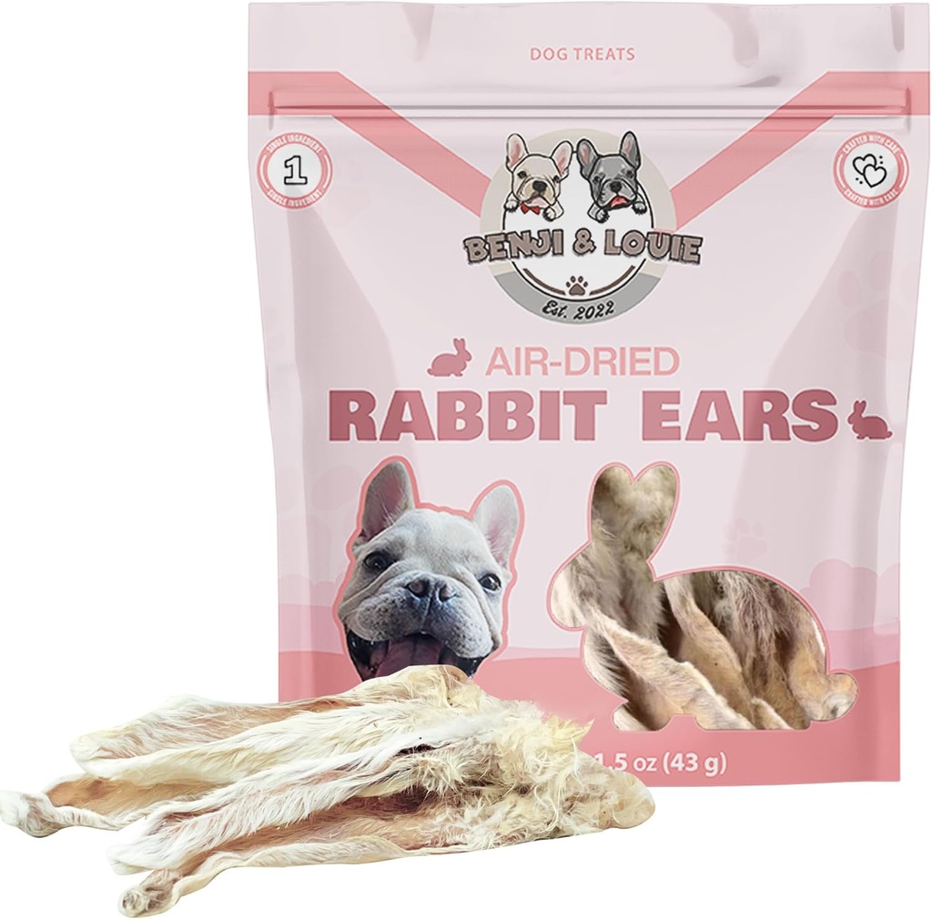 Le orecchie del coniglio intero di Benji & Louie con la pelliccia - Trattamenti di cani sani naturali o chews del cane, Ingrediente singolo, 1,5 oz, 4 a 6 conte
