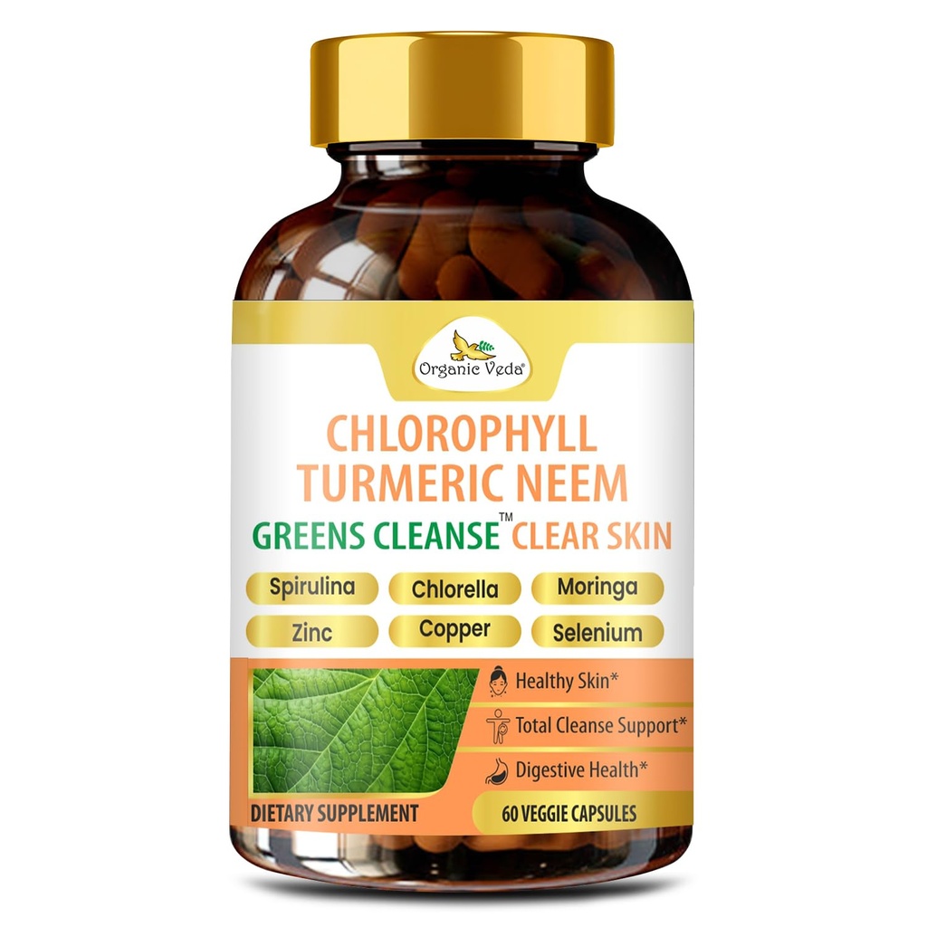 Bio Veda Neem Turmeric Chlorophylle, Glowing Clear Peau, Supplément Acné, Gut Health & Total Body Cleanse - Verts Antioxydants, Spiruline, Chlorella, Moringa, Vitamine C & Zinc - 60 Capsules