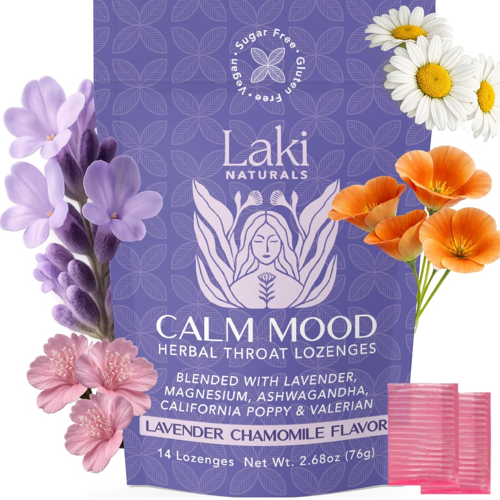 Laki Naturals Lavender Chamomile Calm Mood Functional Herbal Lozenges (14ct) Throat & Calming Hard Candies mit Magnesium, Ashwagandha, California Poppy & Valerian. Vegan, Zuckerfrei, Glutenfrei