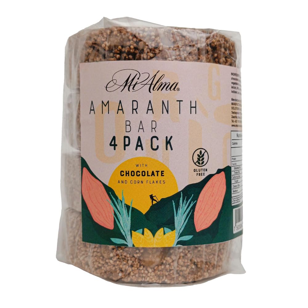 Mi Alma, 4 BAR PACK Amaranth Bar with Chocolate and corn flakes PREMIUM, Barra de Amaranto con Chocolate, Super Food, Gluten Free, Healthy Snack, 8.4 oz