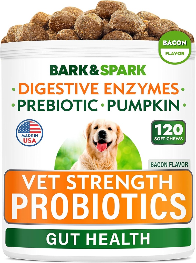 Vet Strength Dog Probiotics Chews - Gas, Diarrea, Allergy, costipazione, Upset Stomach Relief, con enzimi + Pumpkin + Prebiotici - Chewable Fiber Supplement - 100 Soft Chews - Fumato Duck