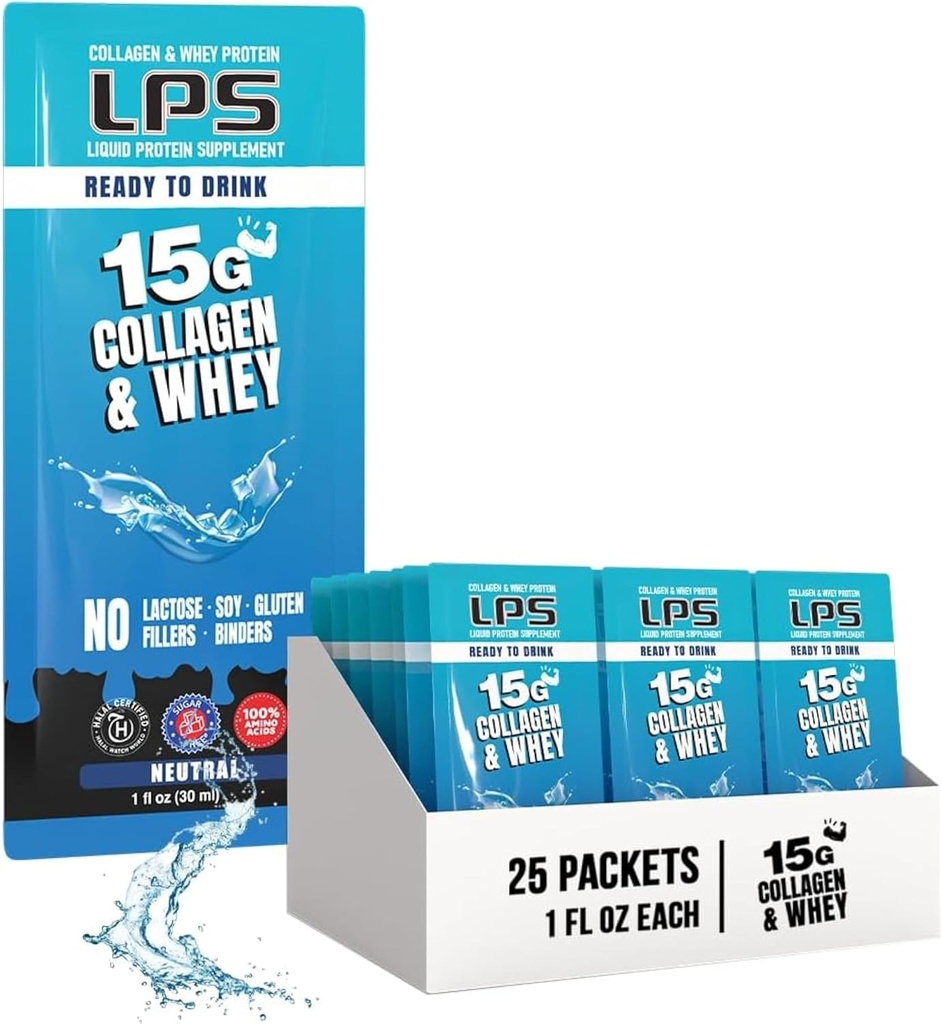 LPS Liquid Collagen & Whey Protein Supplement - Non OGM Drink, Sugar-Free - Promuove la pelle sana & capelli per gli uomini e le donne, Neutral, Single Serve (25 Packets)