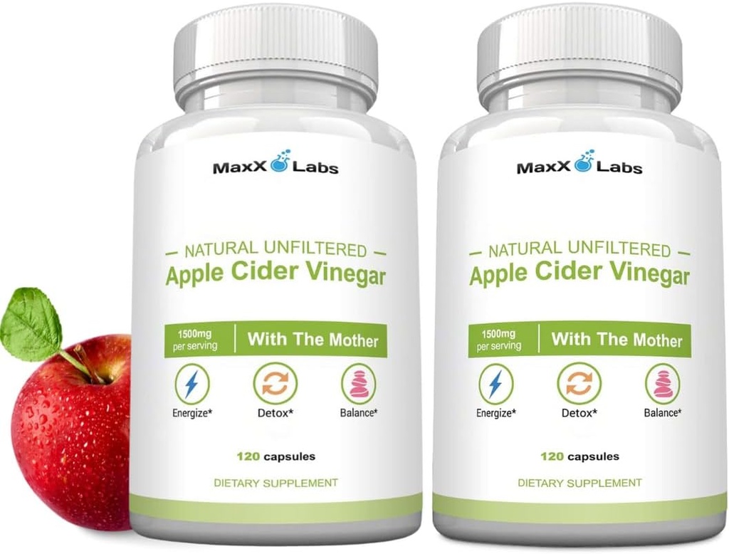 Capsule di Aceto di Sidro di Mele Raw con Madre, 1500 mg Pillole ACV - Boost Energy, Support Immunity & Digestion & Weight Management for Women & Men - 2 Pack