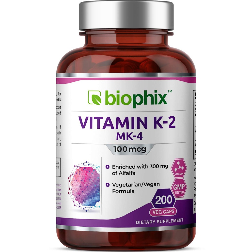 Biophix Vitamine K2 MK-4-100 mcg 200 Caps avec Alfalfa - Soutient la santé immunitaire des os forts