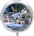 Piccola cassa di viaggio, scatola di metallo rotondo per borsa da tasca, 3 scomparti portabicchieri portatili, mini organizzatore di pillole per viaggiare o giornaliero - Lupo