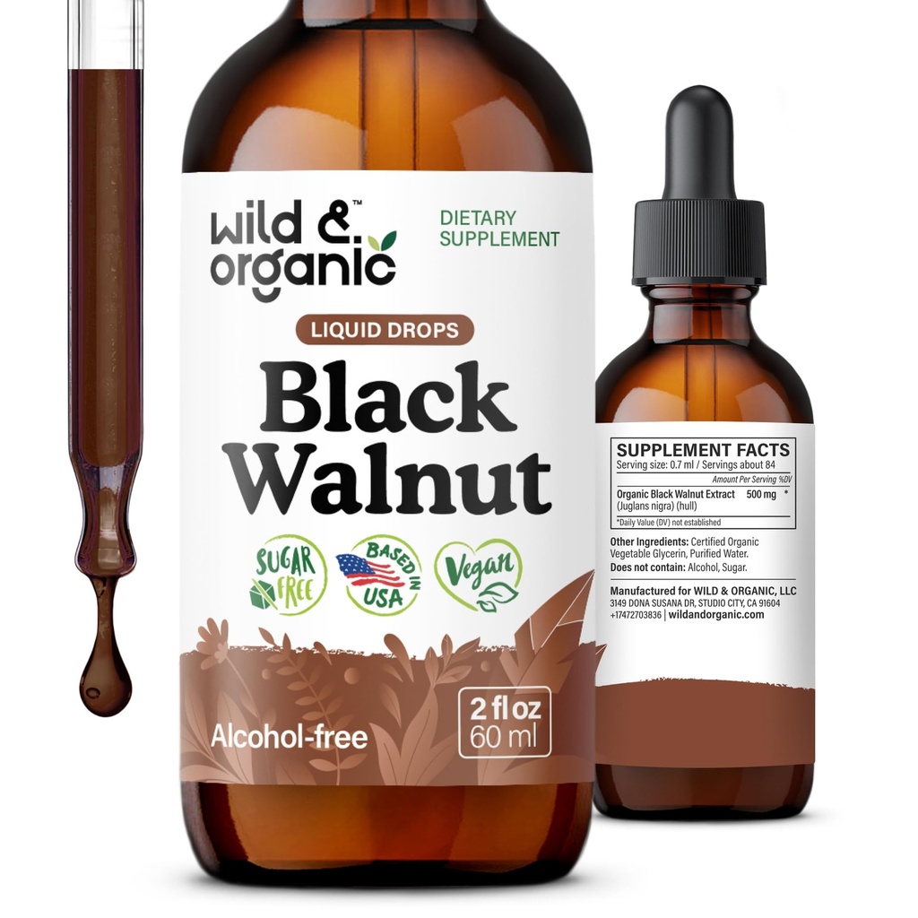 Wild & Organic Black Walnut Tincture - Detox Cleanse con estratto di noce nera - Supplemento di erbe per Detox Detox Cleanse e Benessere Digestivo - Vegan, Sugar & Alcohol-Free - 2 fl oz