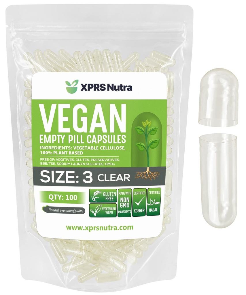 XPRS Nutra Größe 3 Leere Kapseln - 100 Count klare leere vegane Kapseln - Vegetarische Pillen - DIY Gemüse Kapsel Füllung - Veggie Pillen Caps